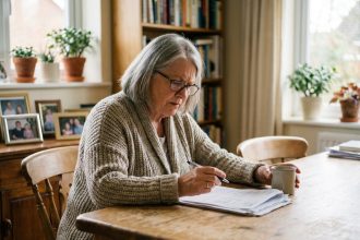 Femme senior réfléchissant à des documents à la maison