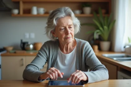 Une femme senior utilisant une tablette pour accéder à son compte Quintonic depuis sa cuisine