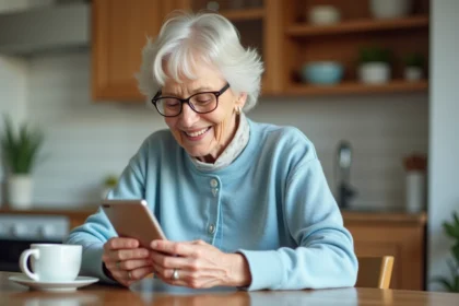Femme senior souriante utilisant un téléphone Doro dans la cuisine