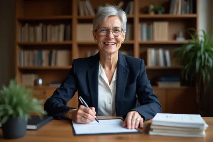 Femme de 60 ans signant une lettre de départ à la retraite dans un bureau professionnel