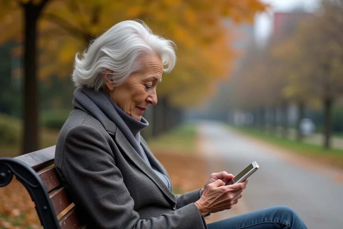Femme âgée regardant son smartphone en plein air