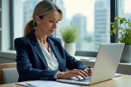 Femme utilisant une solution numérique de tutelle sur son ordinateur portable dans un bureau moderne