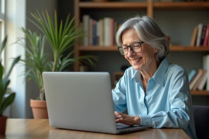 Femme souriante en bureau à domicile avec ordinateur