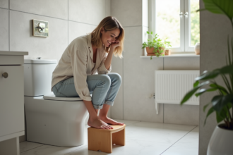 Femme en jean testant une marche de toilette en bois dans une salle de bain lumineuse