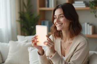 Femme souriante utilisant un panneau LED de thérapie lumineuse