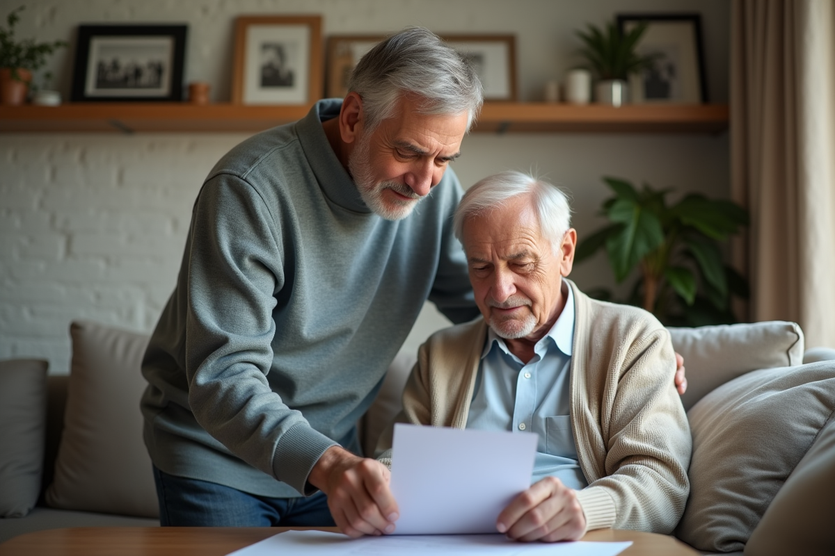 Fils aidant son père à remplir un formulaire dans le salon