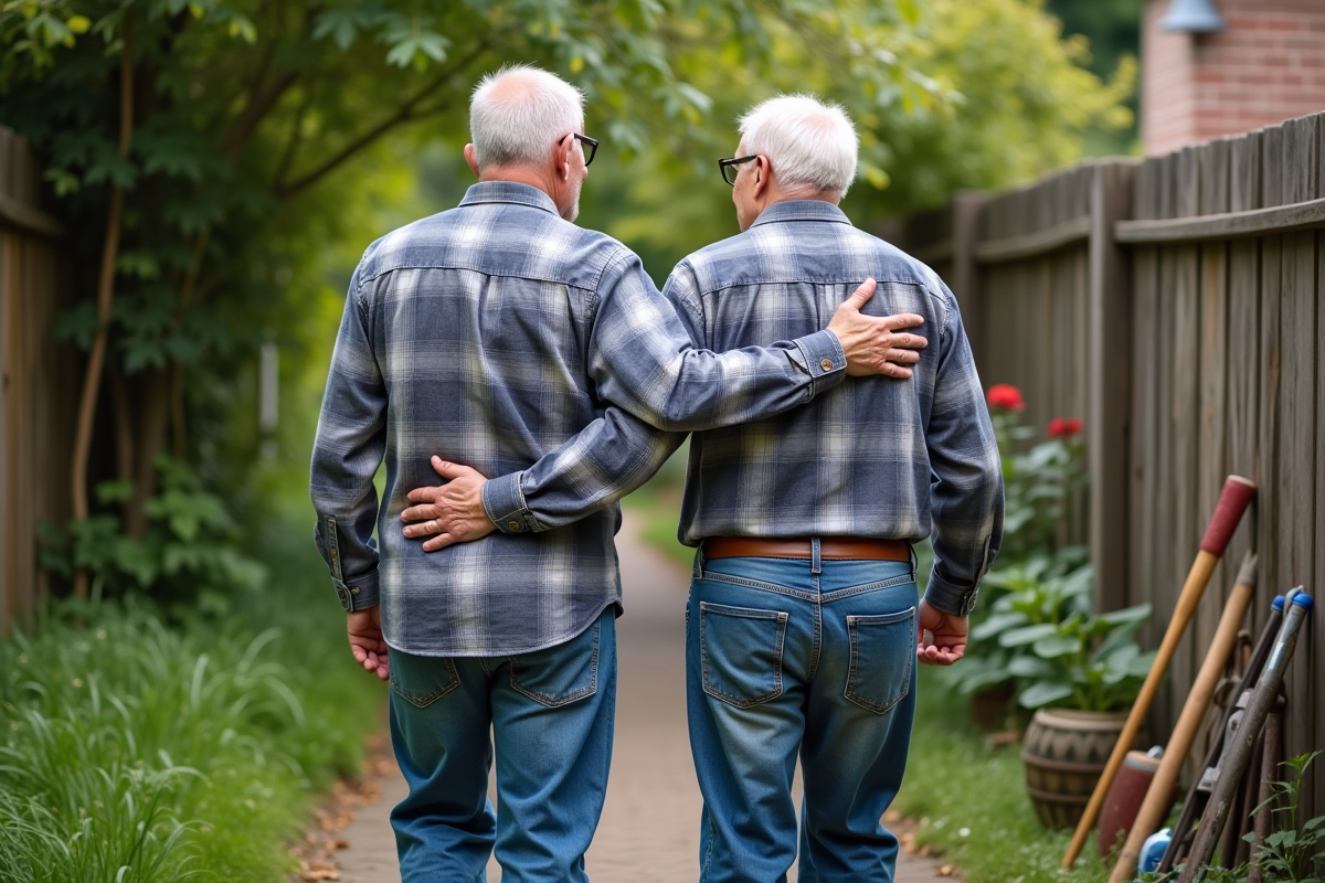 Fils aidant son père dans un jardin en plein air