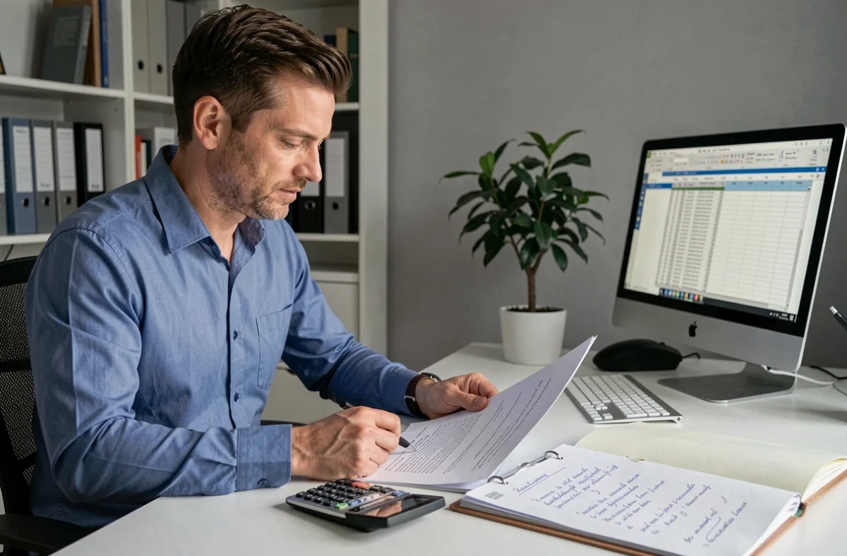 Un fils adulte calculant les ressources financières à déclarer pour la demande d'APA de son parent âgé dans un bureau à domicile
