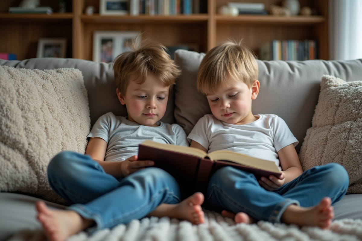 Deux frères lisant ensemble dans un salon convivial