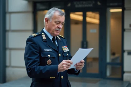 Gendarme en uniforme consultant des documents officiels liés à sa retraite militaire