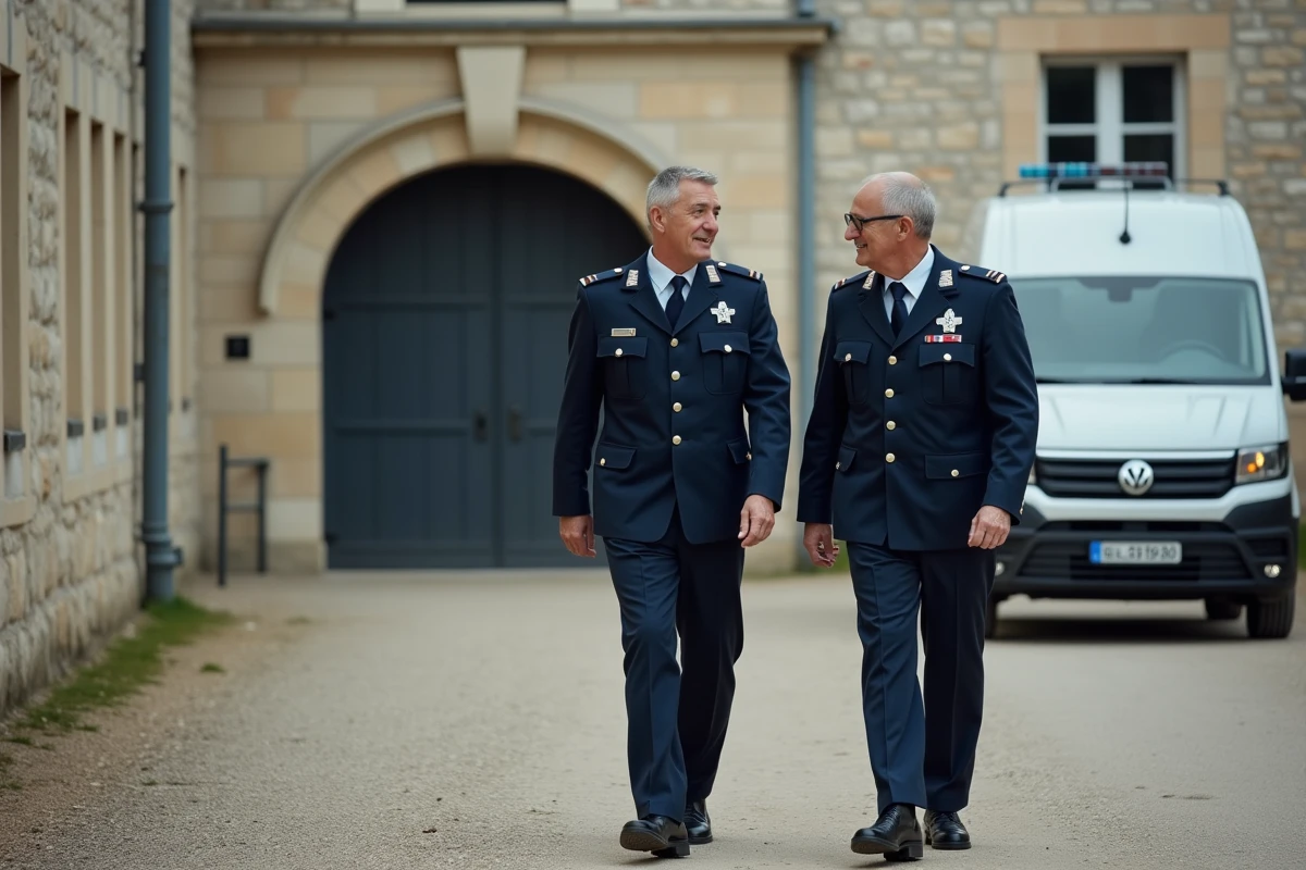Deux gendarmes discutant de leur statut militaire et de leur retraite devant une caserne