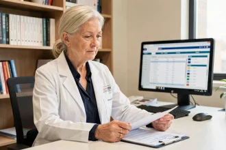 Gériatre femme en consultation médicale, bureau clinique moderne avec dossiers patients, médecin spécialisée en soin des seniors