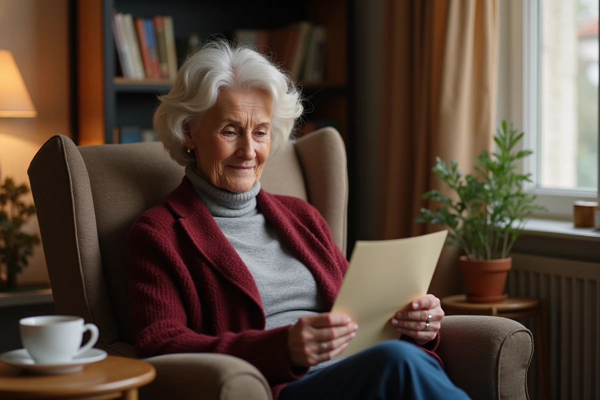 Femme senior d'environ 65 à 70 ans lisant une lettre dans son salon, symbolisant la gestion du rythme et des attentes dans une relation après 65 ans