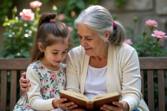 Grand-mère lisant un poème court à sa petite-fille dans un jardin fleuri, moment tendre et complice entre générations