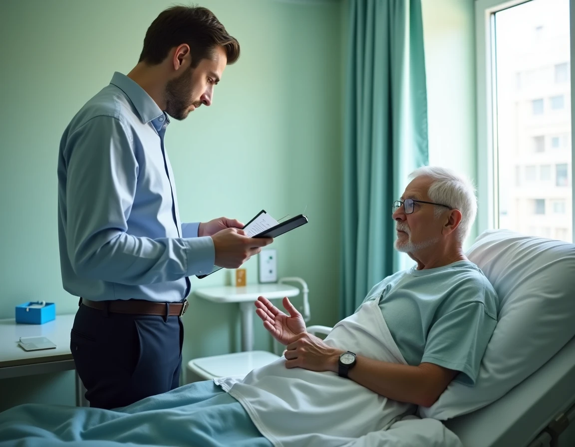 Travailleur social évaluant l'autonomie d'un patient âgé en milieu hospitalier avec la grille AGGIR