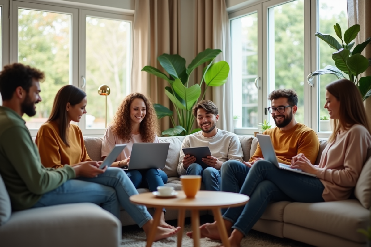 Groupe d adultes utilisant ordinateurs dans salon lumineux