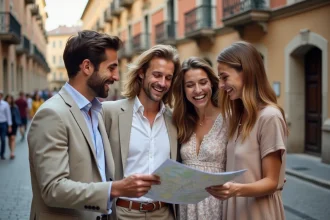 Groupe d'amis consultant une carte dans les rues historiques de Lyon pour organiser leurs sorties Quintonic