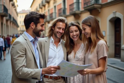 Groupe d'amis consultant une carte dans les rues historiques de Lyon pour organiser leurs sorties Quintonic
