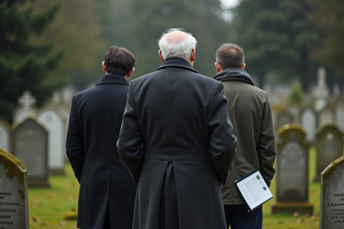Groupe familial à la tombe dans un cimetière serein