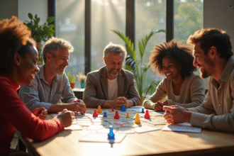 Groupe de personnes jouant à un jeu de réflexion coloré