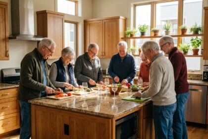 Groupe de seniors préparant un repas dans une cuisine moderne
