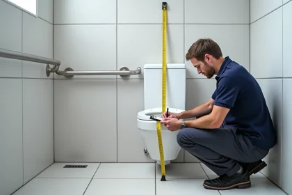 Inspecteur mesurant la hauteur d'une barre d'appui WC PMR avec un mètre ruban lors d'une réception de chantier en salle de bain adaptée