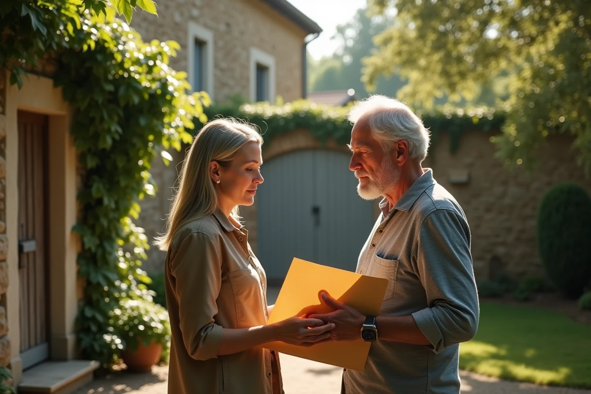 Deux héritiers adultes discutant de la récupération de l'APA sur la succession de leur parent devant une maison de famille