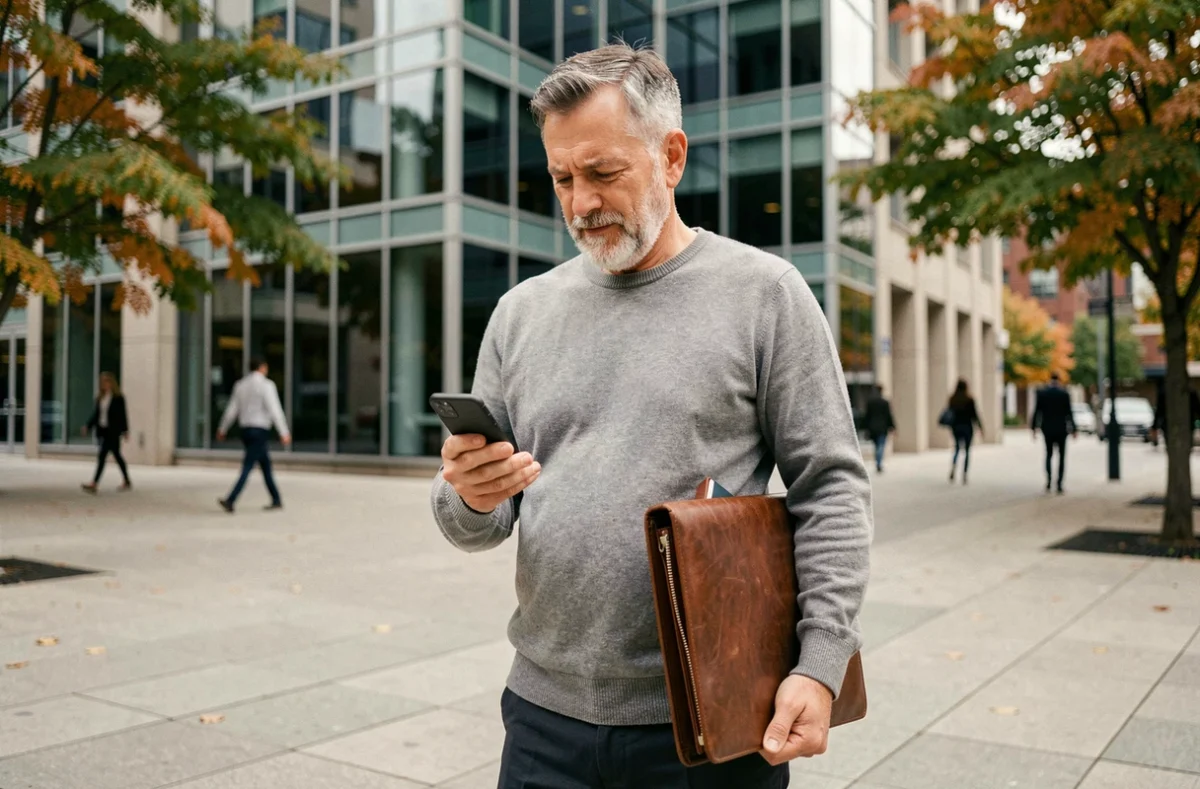 Homme de 62 ans consultant son téléphone devant un immeuble de bureaux après un entretien d'embauche, symbolisant les démarches de recherche d'emploi avant la retraite