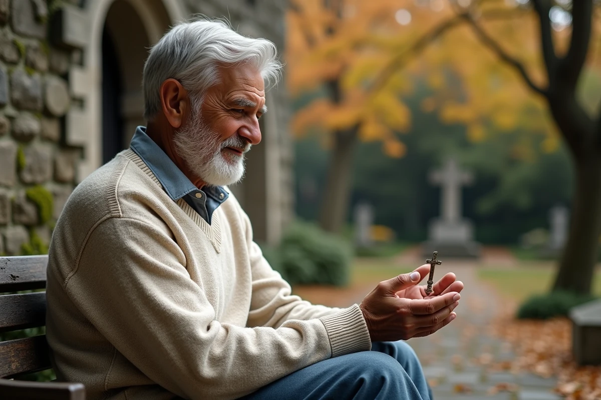 Vieil homme de 70 ans contemplant un pendentif croix dans un jardin de monastère en automne, moment de recueillement spirituel