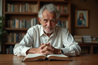 Homme de 70 ans en méditation religieuse avec une Bible ouverte posée sur une table en bois rustique