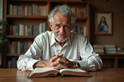 Homme de 70 ans en méditation religieuse avec une Bible ouverte posée sur une table en bois rustique