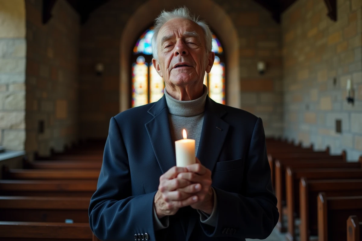 Homme âgé de 70 ans priant dans une chapelle en pierre tenant une bougie blanche lors d'un moment spirituel