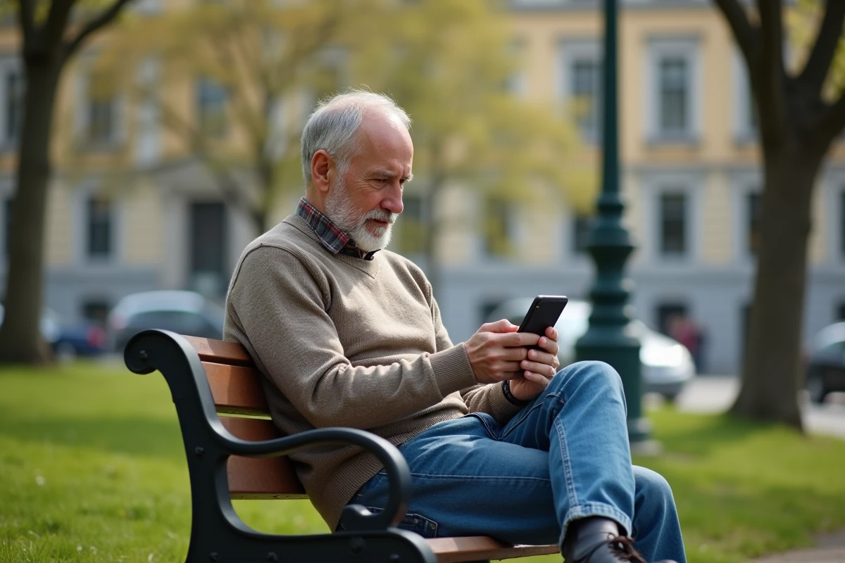 Homme adulte assis sur un banc de parc utilisant un téléphone Doro