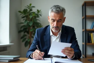 Homme d'affaires assis à son bureau avec documents signés