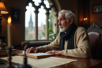 Homme âgé en pull beige et écharpe sombre regardant par une fenêtre