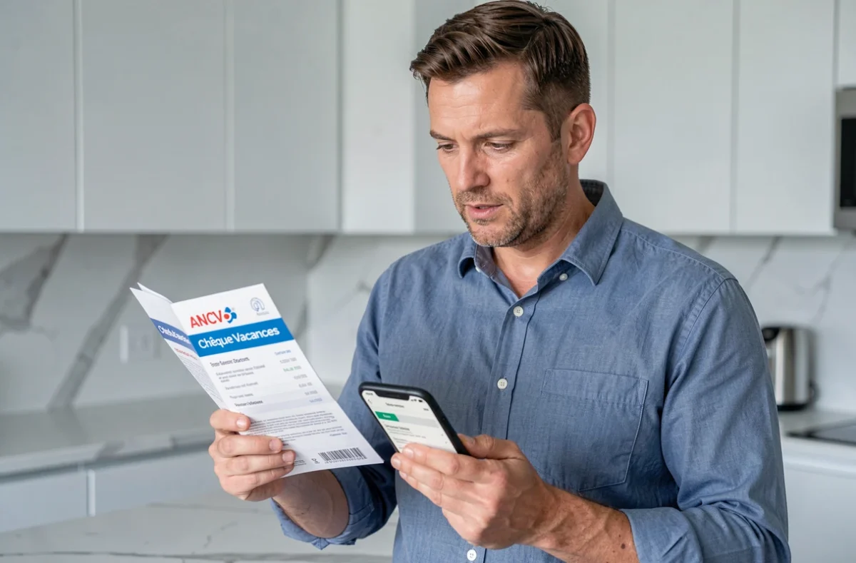 Homme tenant des Chèques Vacances ANCV et un smartphone pour lier son compte en ligne