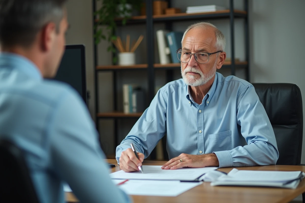 Homme senior consultat un conseiller fiscal au bureau