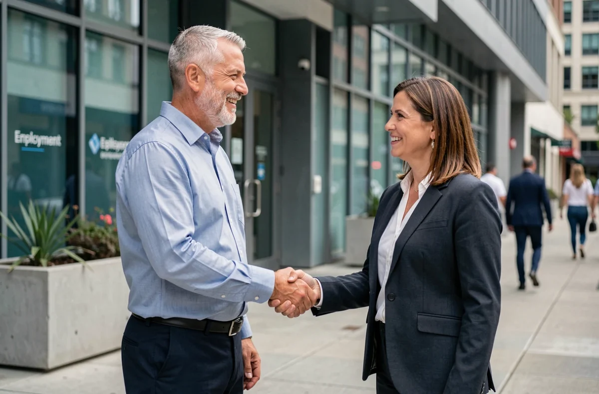 Homme de 52 ans serrant la main d'une conseillère en emploi devant une agence moderne, symbolisant l'accompagnement professionnel pour sécuriser une carrière longue après une période de chômage