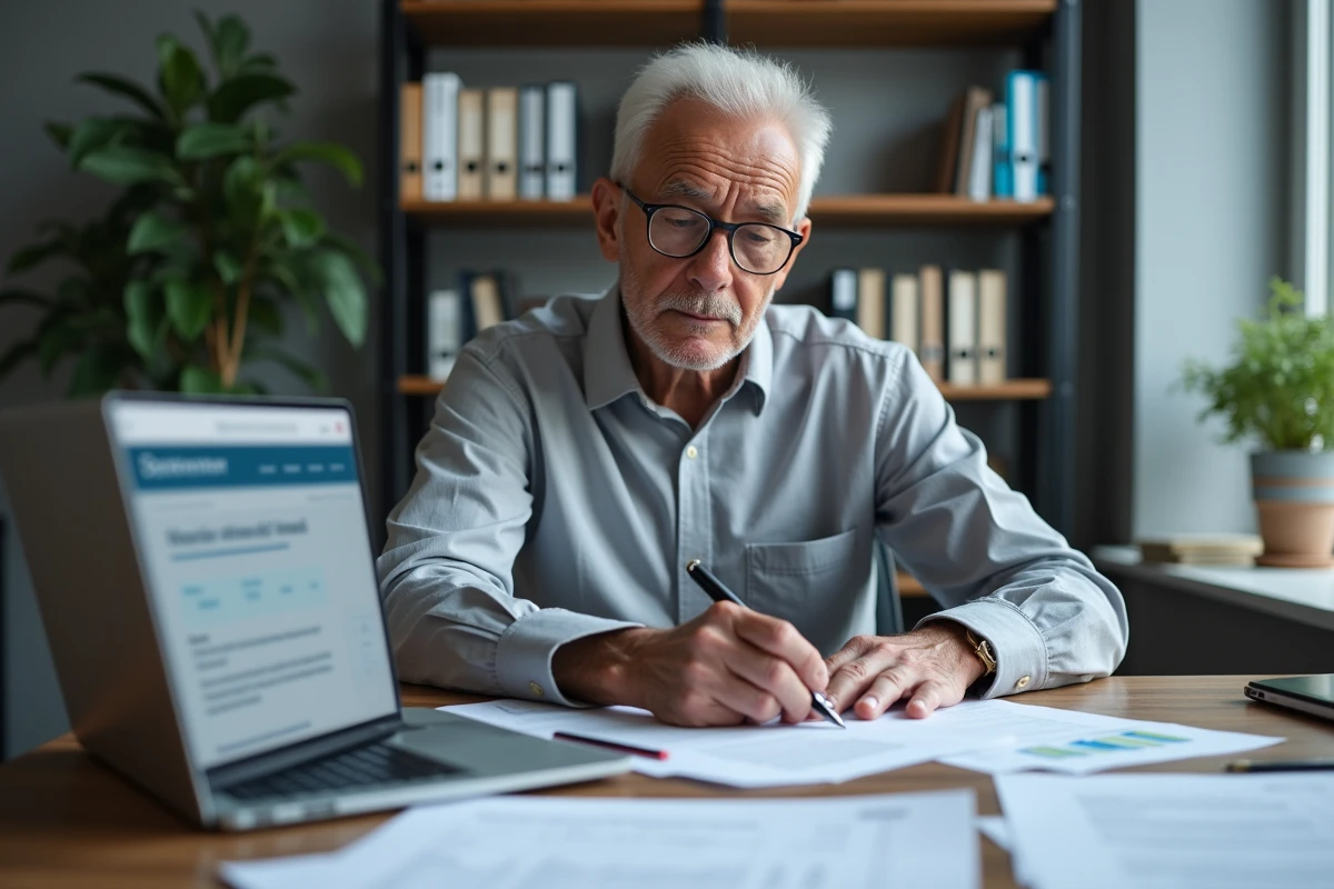 Homme âgé analysant des documents de calcul de pension de réversion sur son bureau à domicile