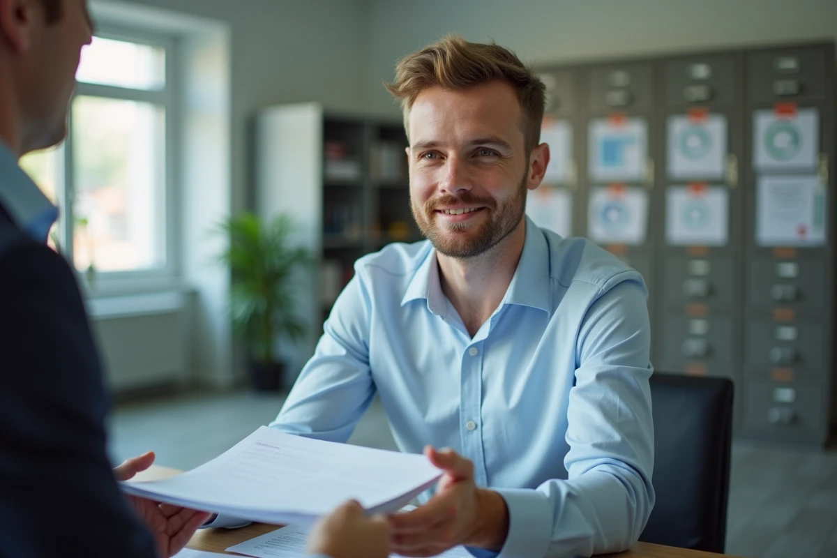 Jeune homme remettant des papiers à un agent au bureau municipal