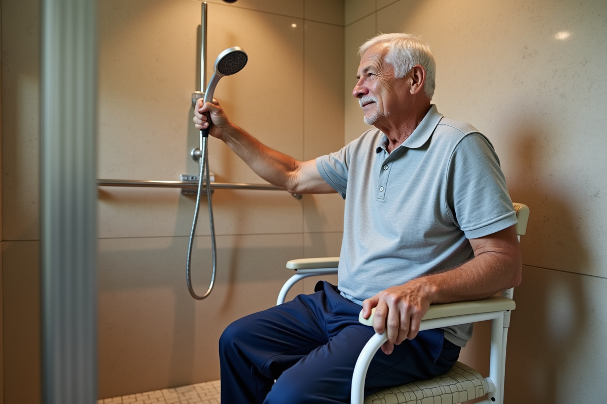 Homme âgé assis dans une salle de bain accessible