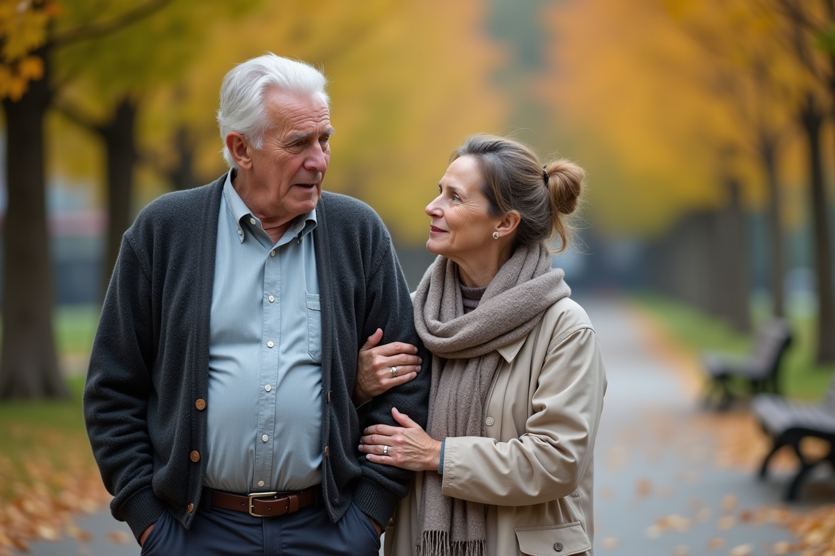 Homme âgé dans un parc d automne avec une jeune femme