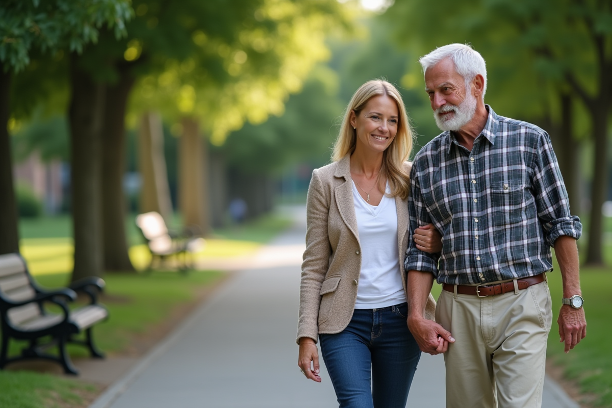 Homme âgé et femme marchant main dans la main dans un parc
