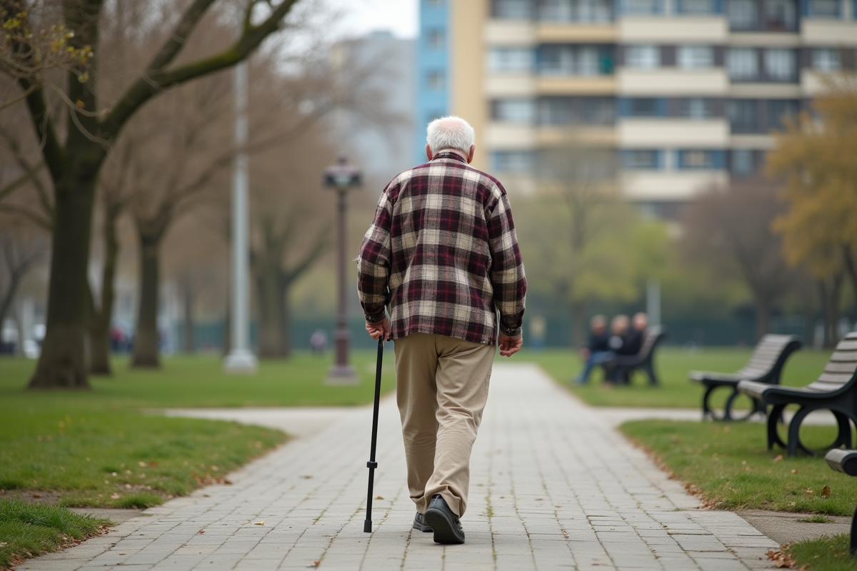 Homme âgé marchant dans un parc urbain au printemps