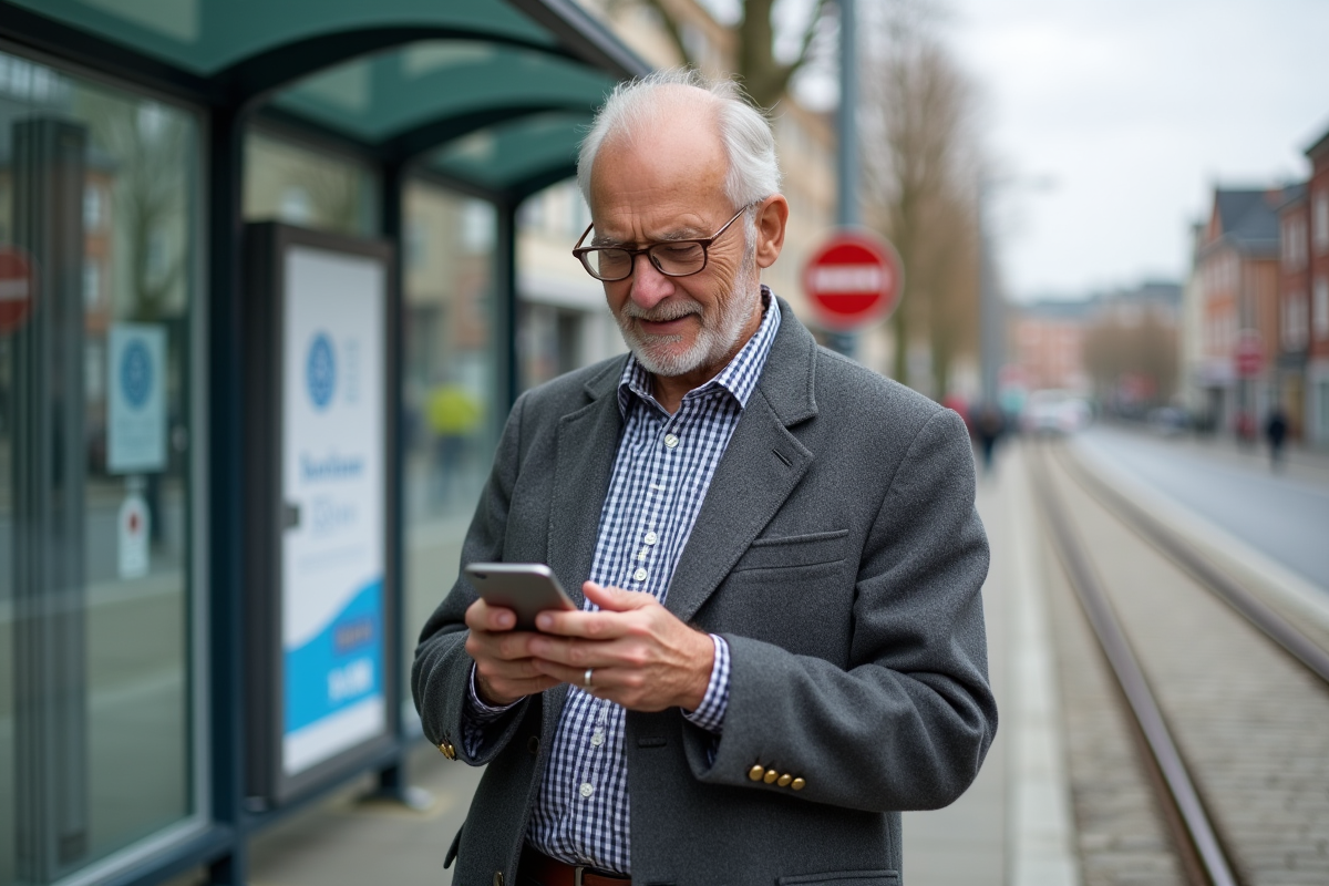 Homme belge âgé vérifiant son application bancaire en ville