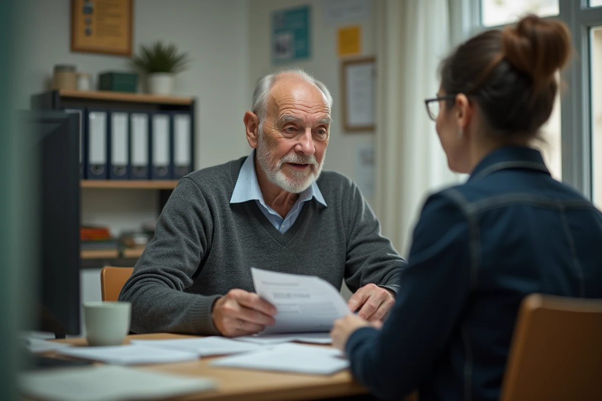 Homme français âgé parlant avec une assistante sociale au bureau
