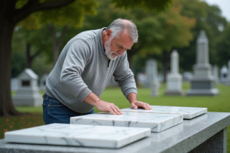 Homme concentré alignant une plaque funéraire en marbre blanc
