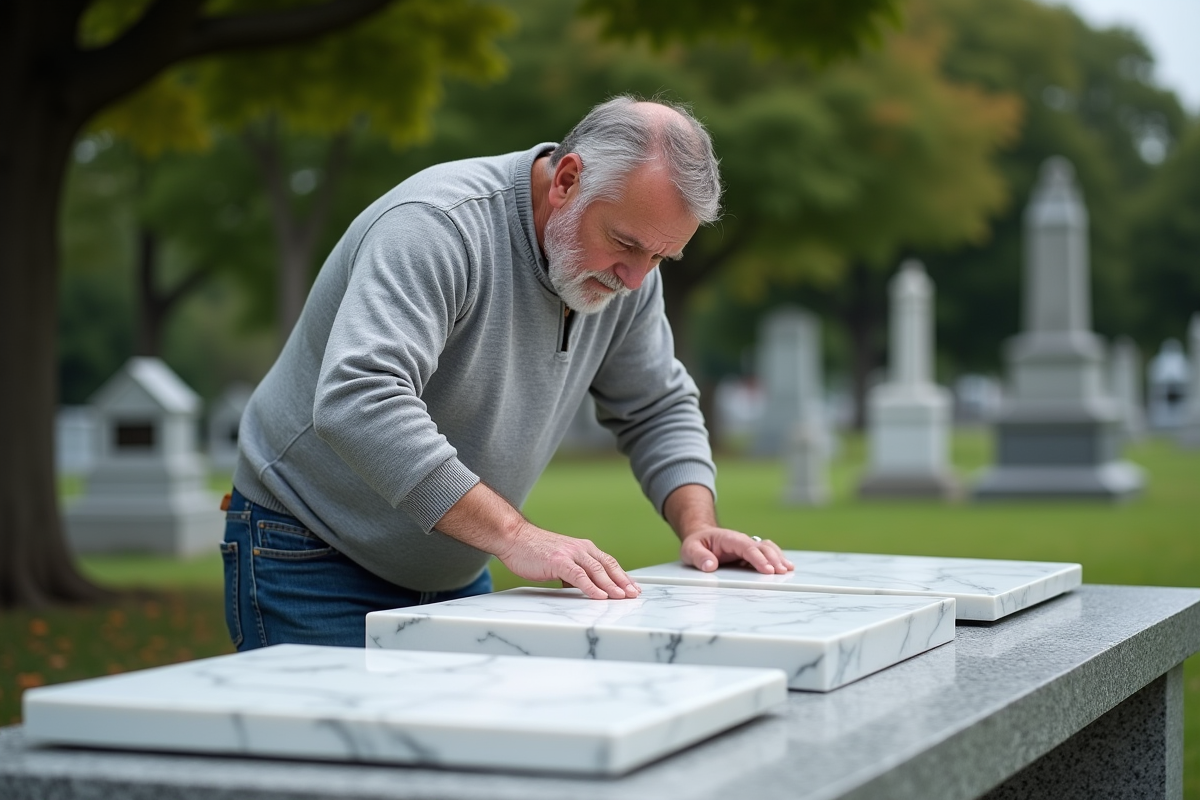 Homme concentré alignant une plaque funéraire en marbre blanc
