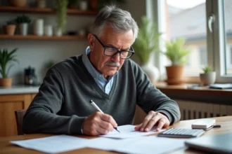 Homme d'âge moyen organisant des papiers de retraite à la maison