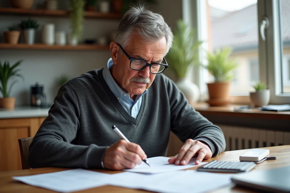 Homme d'âge moyen organisant des papiers de retraite à la maison